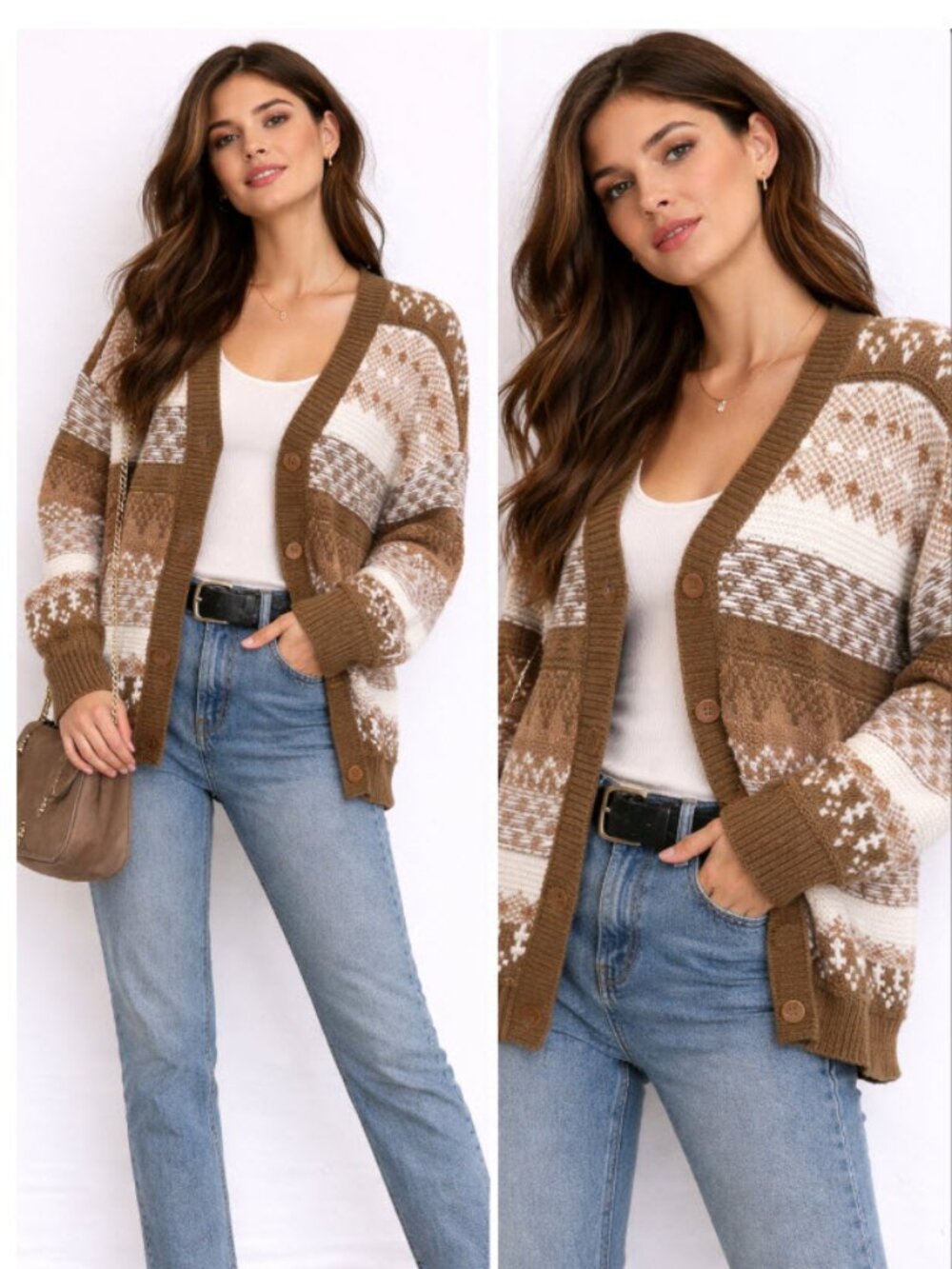 Aritzia Wilfred Free Merino Wool Fair Isle Knit Cardigan Brown Cream Pattern Med